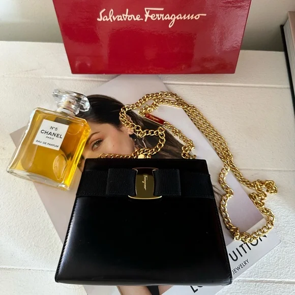 *SOLD*Authentic Salvatore Ferragamo Leather Black Bow Bag w/ Gold Chain - Picture 13 of 17